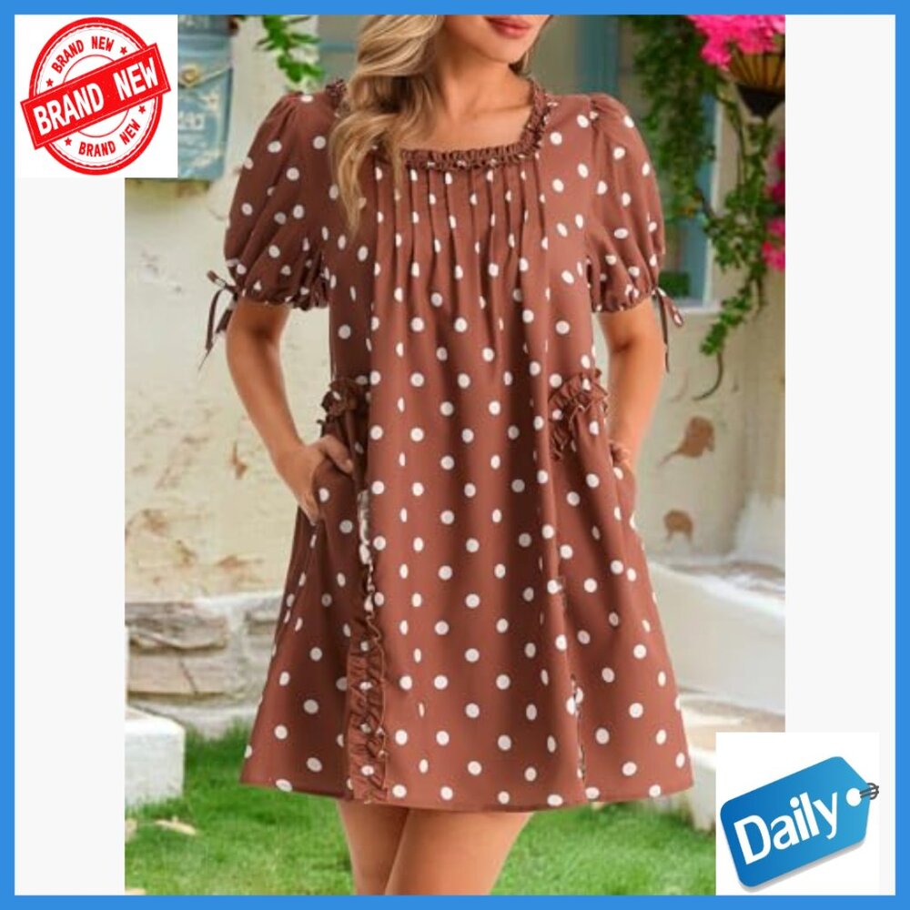 Babydoll Mini Dress with Pockets, Polka Dot, Square Neck, Short Sleeve - Picture 2 of 6